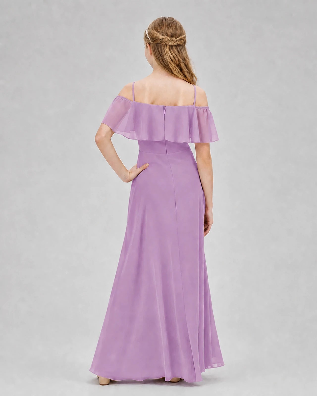 Lilac Chiffon Cold Shoulder Junior Bridesmaid Dresses Back View