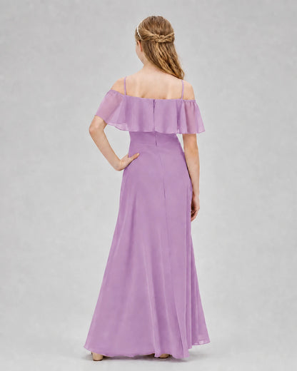 Lilac Chiffon Cold Shoulder Junior Bridesmaid Dresses Back View