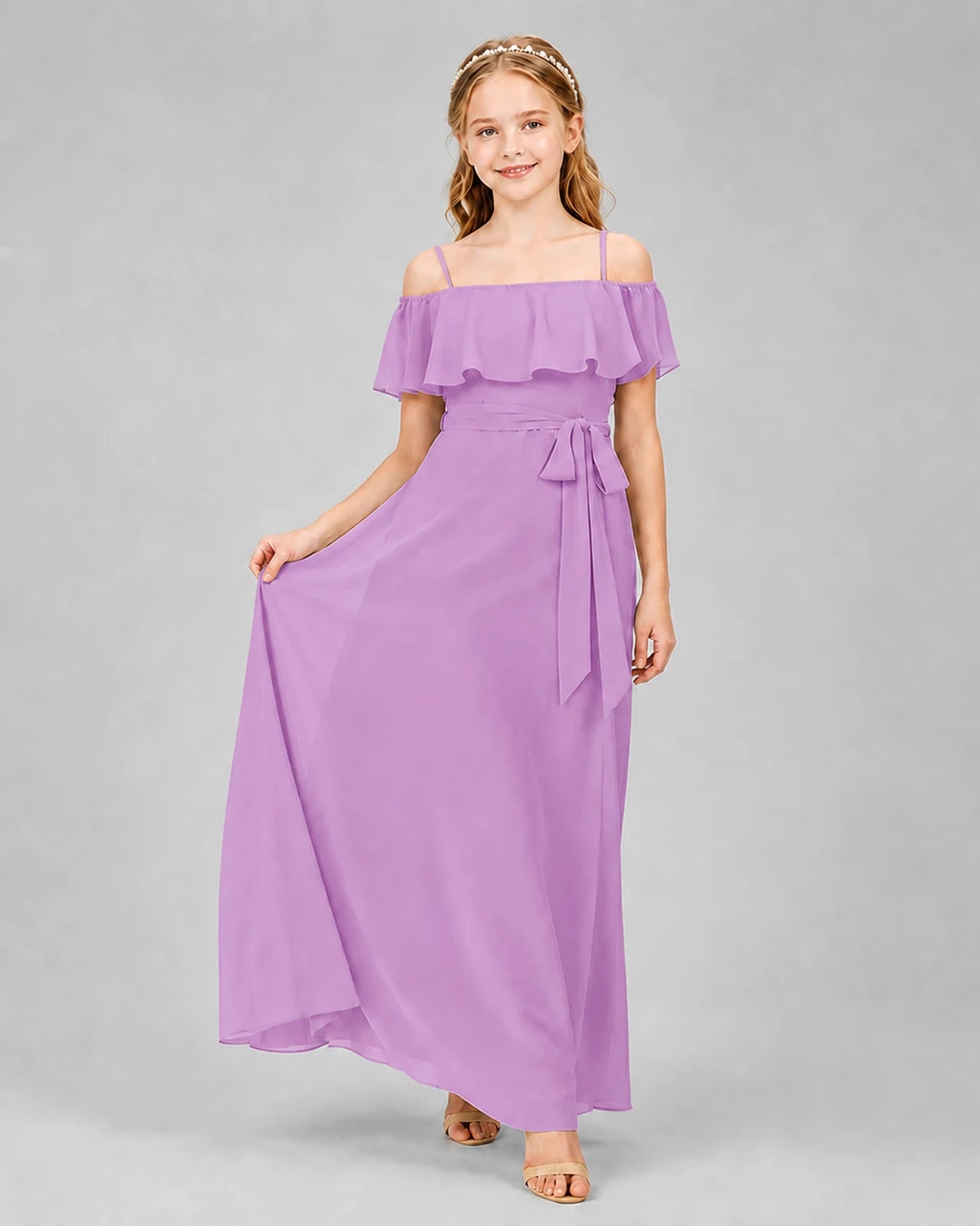 Lilac Chiffon Off-the-Shoulder Junior Bridesmaid Dresses Front View