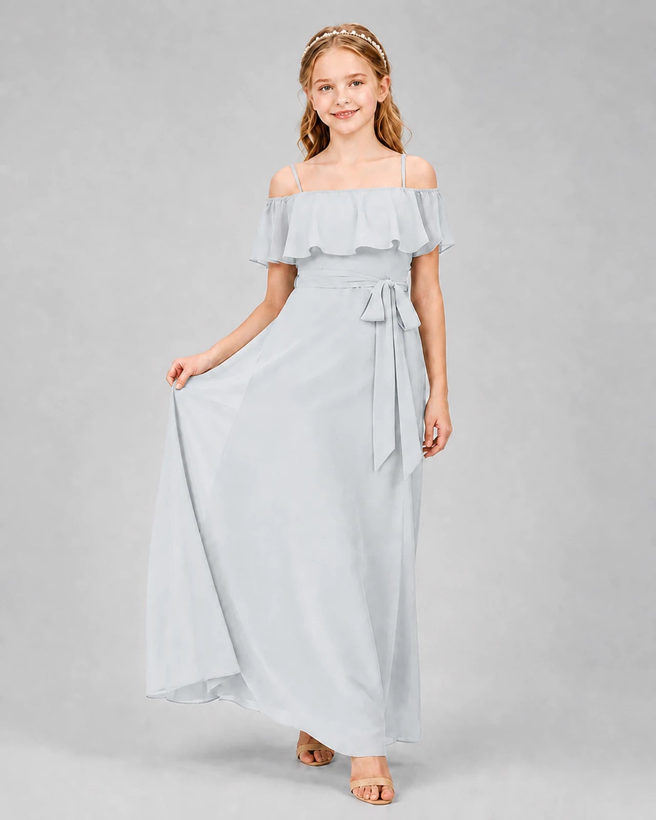 Mist Chiffon Cold Shoulder Junior Bridesmaid Dresses Front View