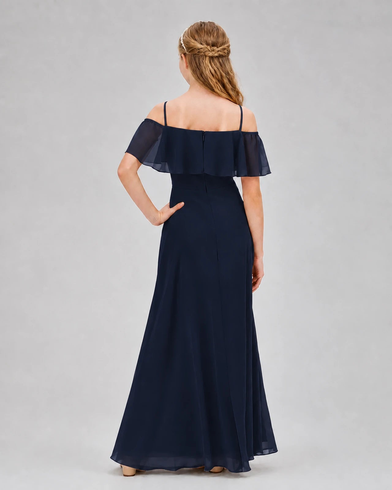 Navy Blue Chiffon Off-the-Shoulder Junior Bridesmaid Dresses Back View
