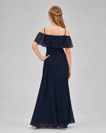Navy Blue Chiffon Off-the-Shoulder Junior Bridesmaid Dresses Back View