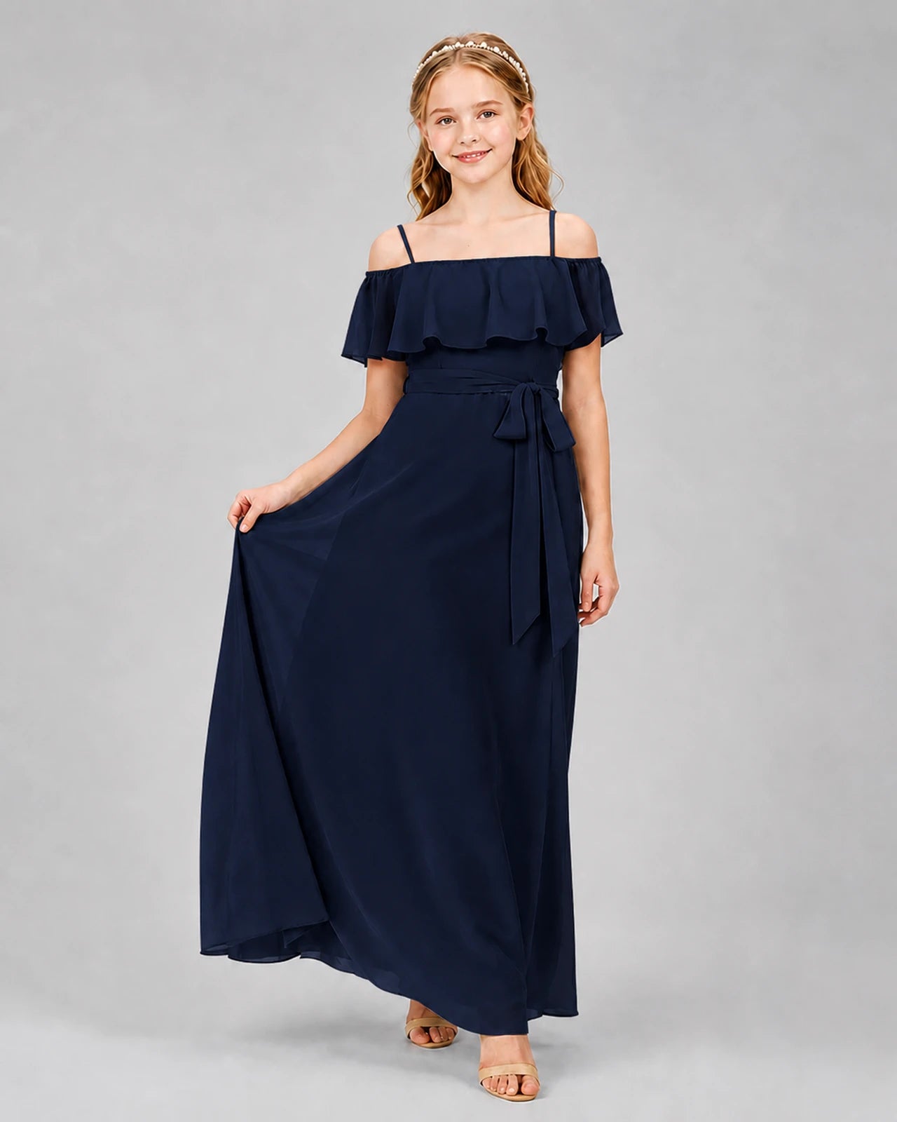 Navy Blue Chiffon Off-the-Shoulder Junior Bridesmaid Dresses Front View
