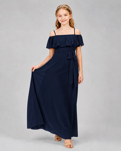 Navy Blue Chiffon Off-the-Shoulder Junior Bridesmaid Dresses Front View