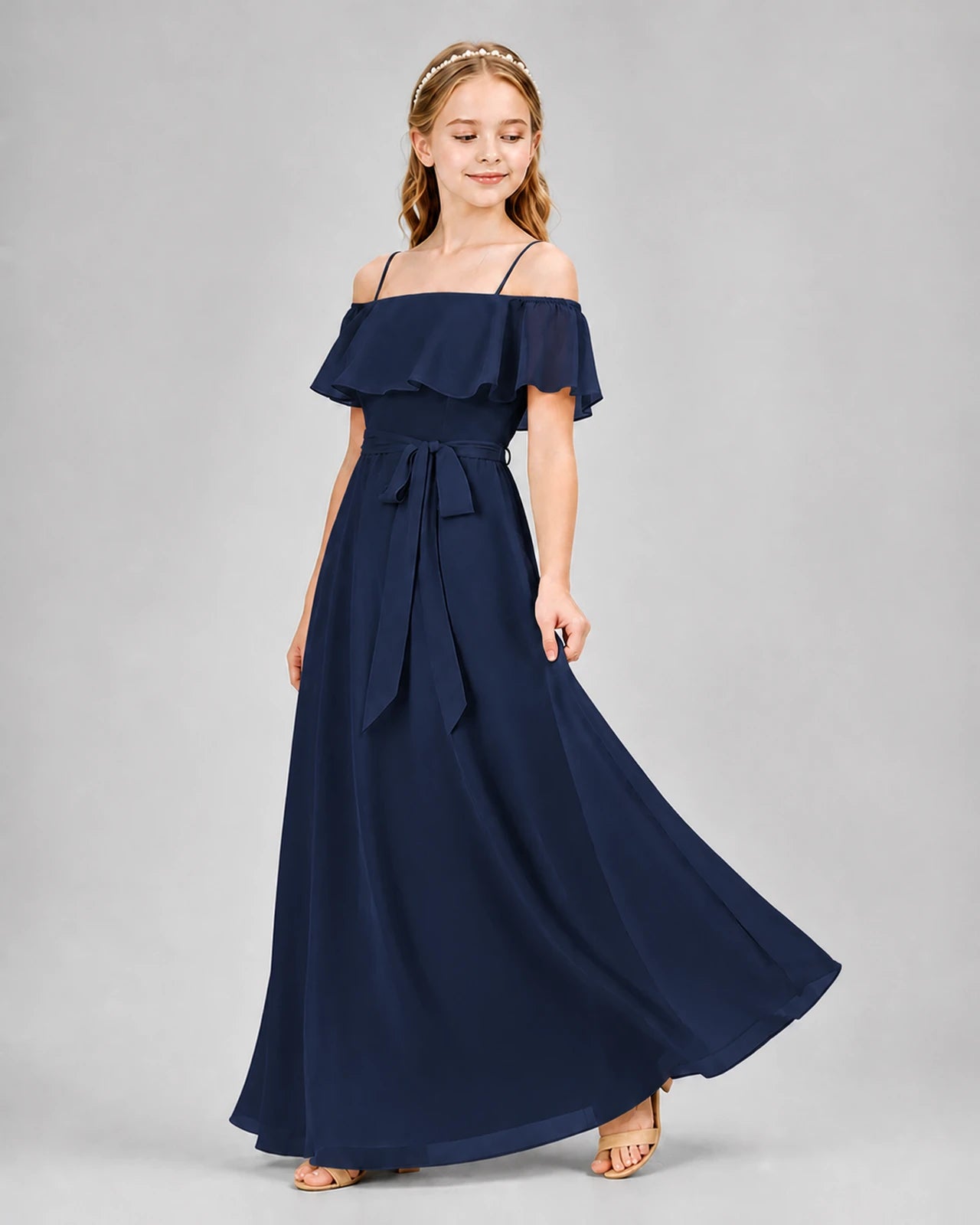 Navy Blue Chiffon Off-the-Shoulder Junior Bridesmaid Dresses
