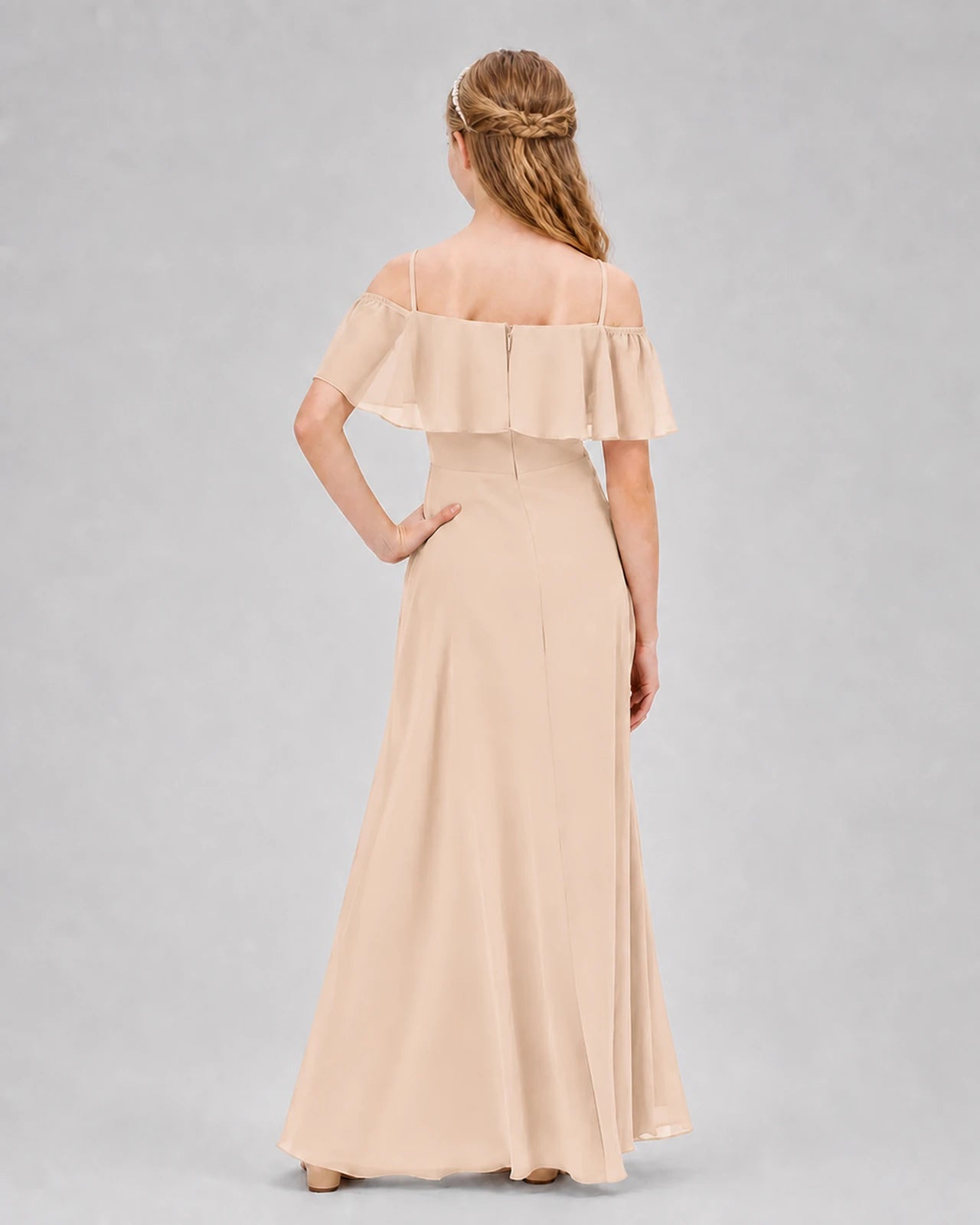 Peach chiffon off-the-shoulder junior bridesmaid dress Back View