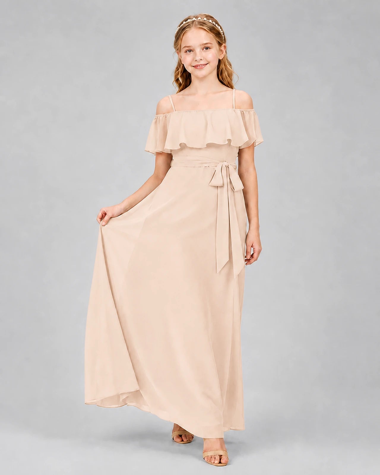 Peach Chiffon Cold Shoulder A-Line Junior Bridesmaid Dresses Front View