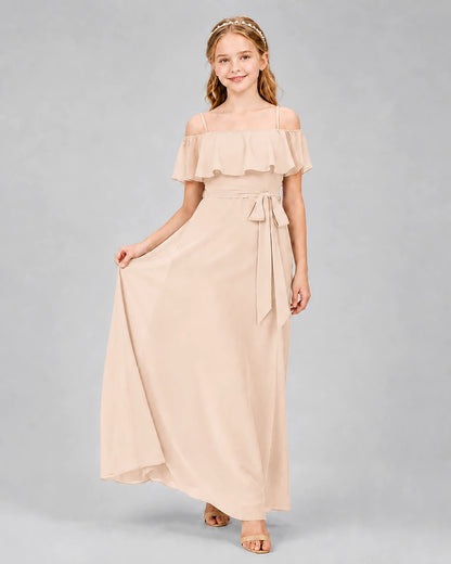 Peach Chiffon Cold Shoulder A-Line Junior Bridesmaid Dresses Front View
