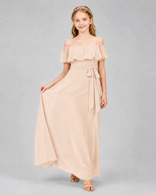 Peach Chiffon Cold Shoulder A-Line Junior Bridesmaid Dresses Front View