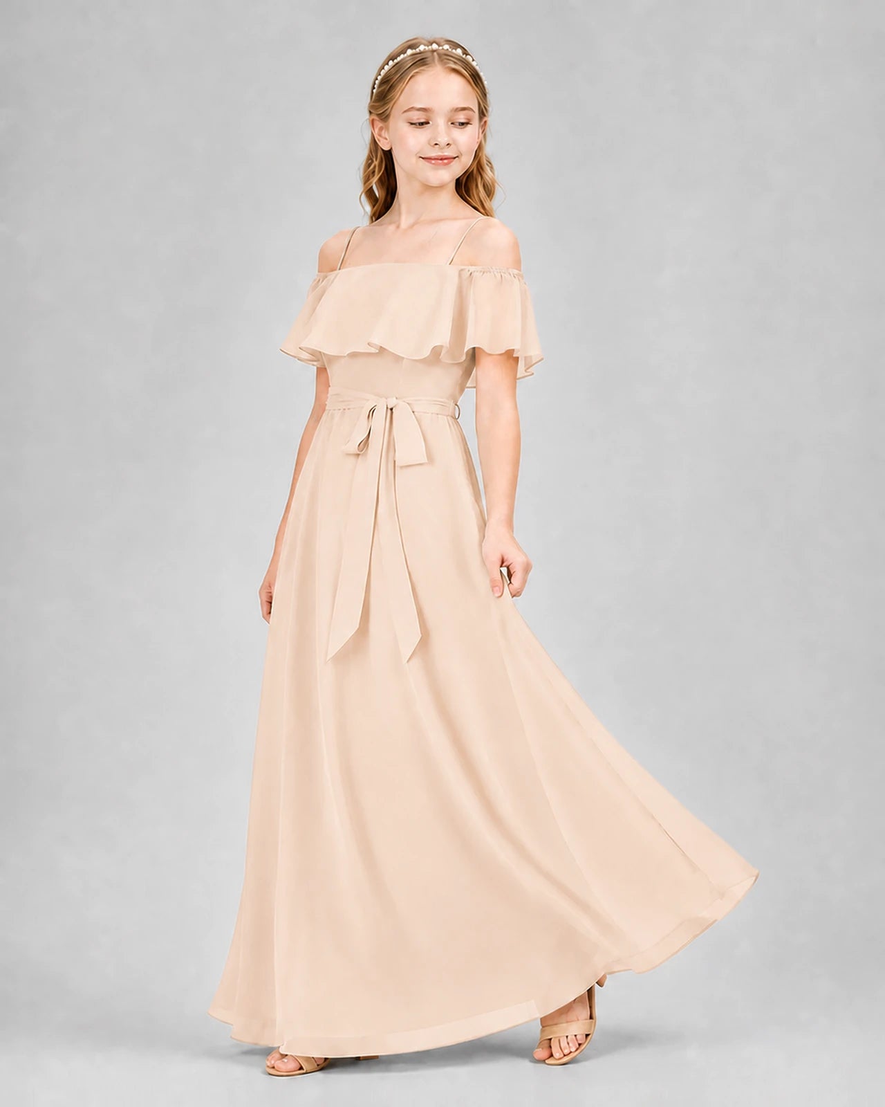 Peach chiffon off-the-shoulder A-line junior bridesmaid dress