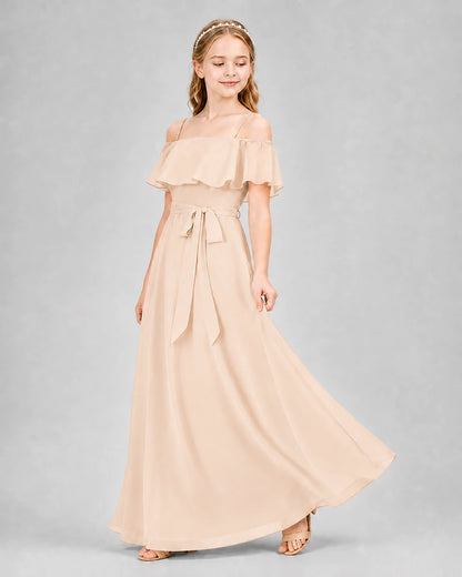 Peach chiffon off-the-shoulder A-line junior bridesmaid dress