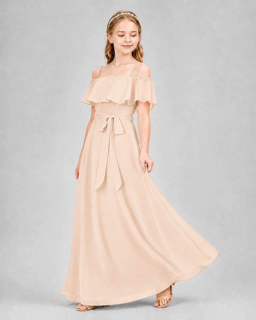 Peach chiffon off-the-shoulder A-line junior bridesmaid dress
