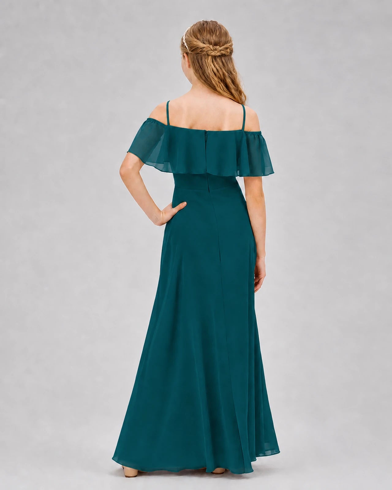 Peacock Chiffon Off-the-Shoulder Junior Bridesmaid Dresses Back View
