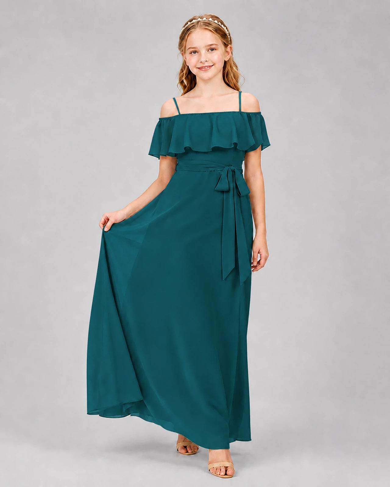 Peacock Chiffon Off-the-Shoulder Junior Bridesmaid Dresses Front View