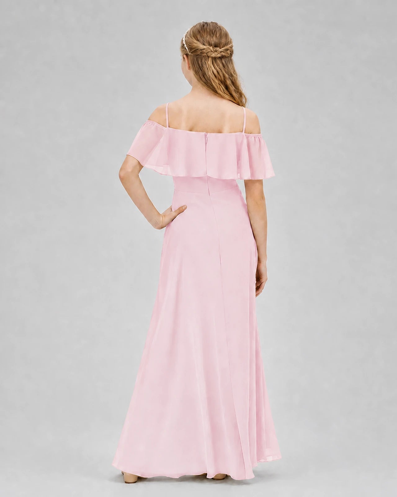 Pink Chiffon Off-the-Shoulder Junior Bridesmaid Dresses Back View