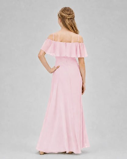 Pink Chiffon Off-the-Shoulder Junior Bridesmaid Dresses Back View
