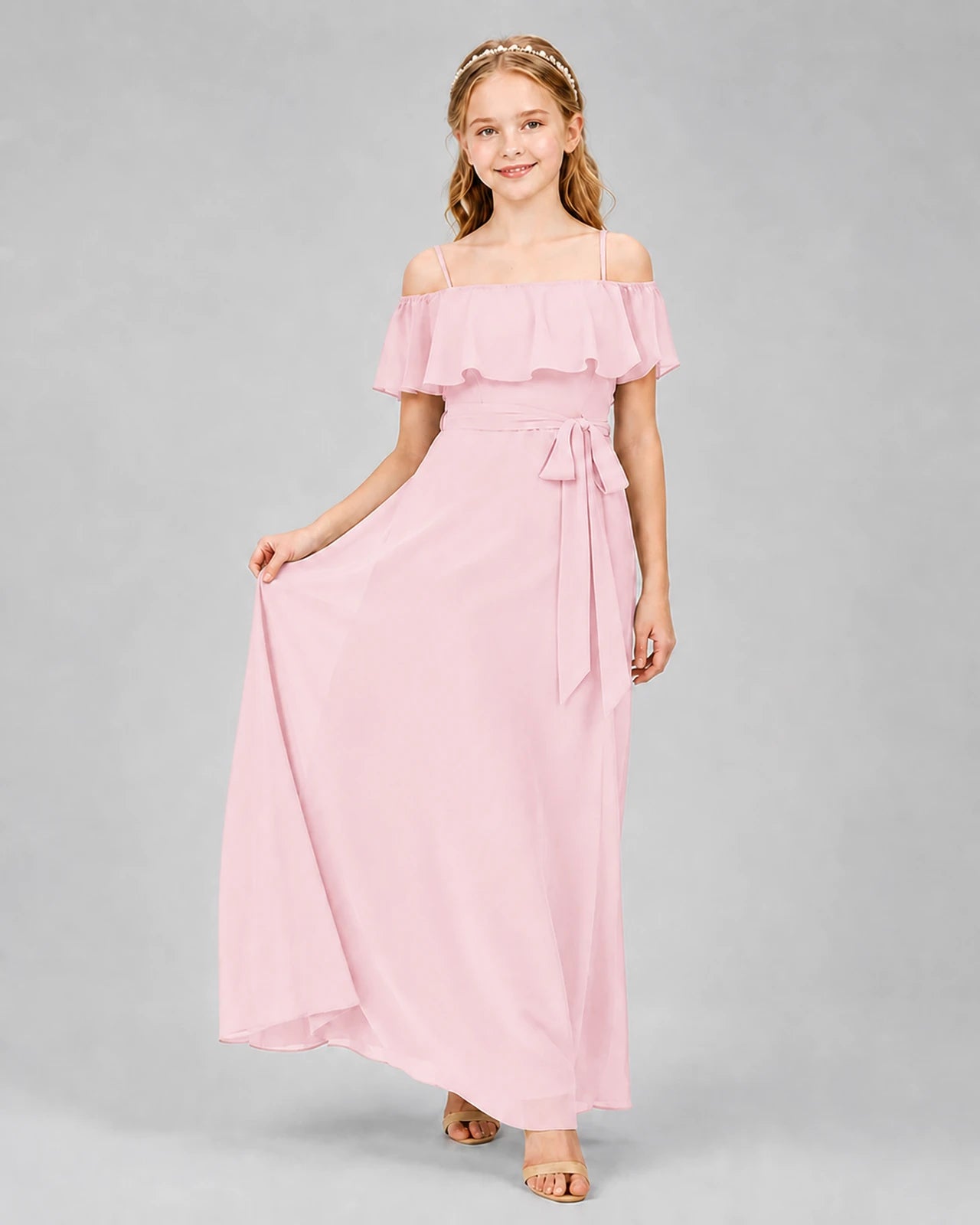 Pink chiffon cold-shoulder maxi junior bridesmaid dress Front View