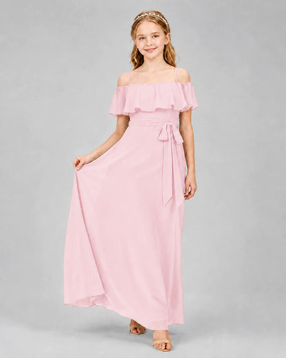 Pink chiffon cold-shoulder maxi junior bridesmaid dress Front View