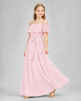 Pink chiffon off-the-shoulder junior bridesmaid dress