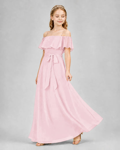Pink chiffon off-the-shoulder junior bridesmaid dress