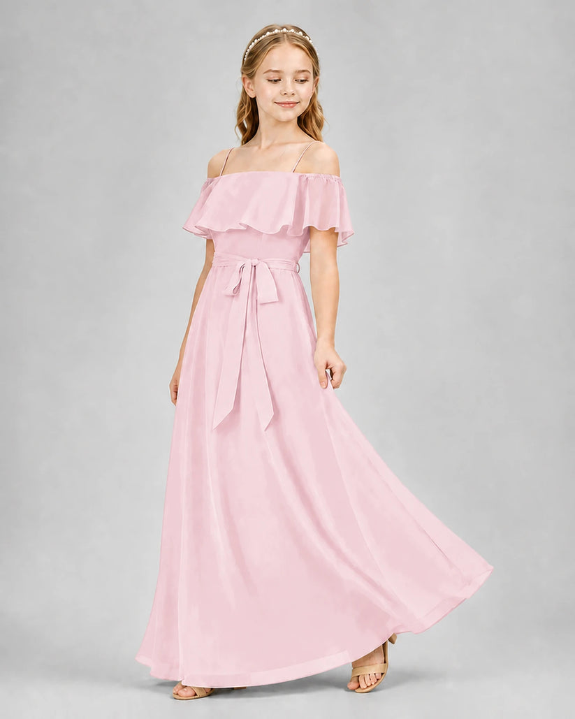 Pink chiffon off-the-shoulder junior bridesmaid dress
