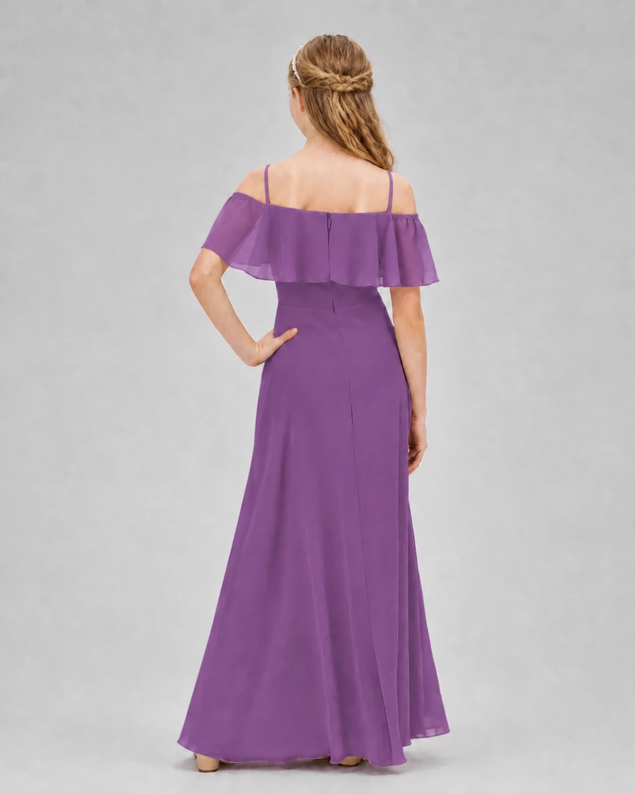 Purple Chiffon Cold Shoulder A-Line Junior Bridesmaid Dresses Back View