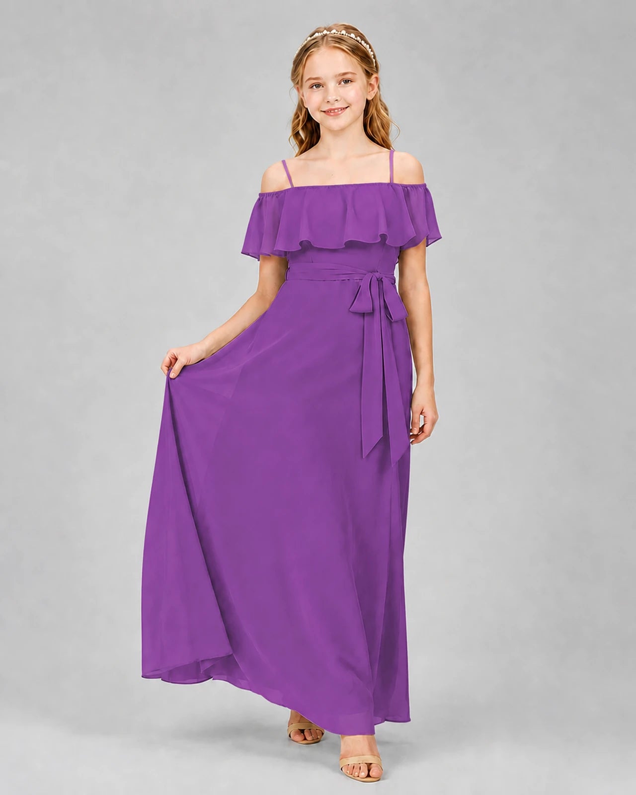 Purple Chiffon Off-the-Shoulder Junior Bridesmaid Dress Front View