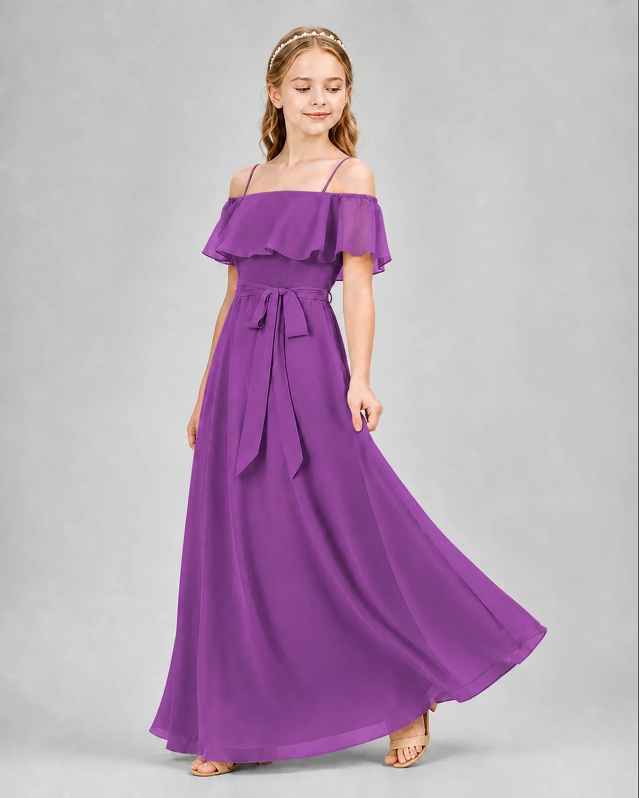 Purple Chiffon Off-the-Shoulder Junior Bridesmaid Dresses