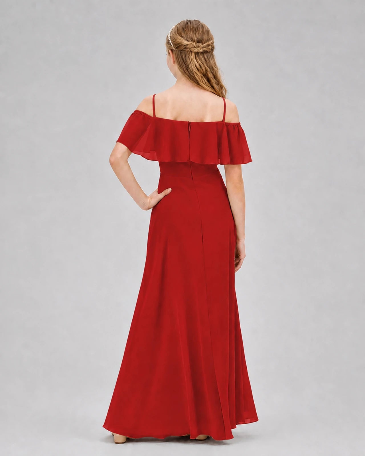 Red Chiffon Off-The-Shoulder Junior Bridesmaid Dresses Back View