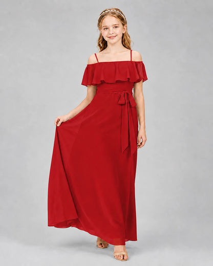 Red Chiffon Off-Shoulder Junior Bridesmaid Dresses Front View