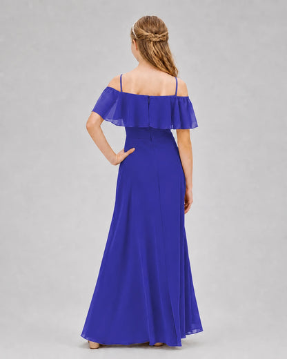 Royal Blue Chiffon Off-the-Shoulder Junior Bridesmaid Dresses Back View