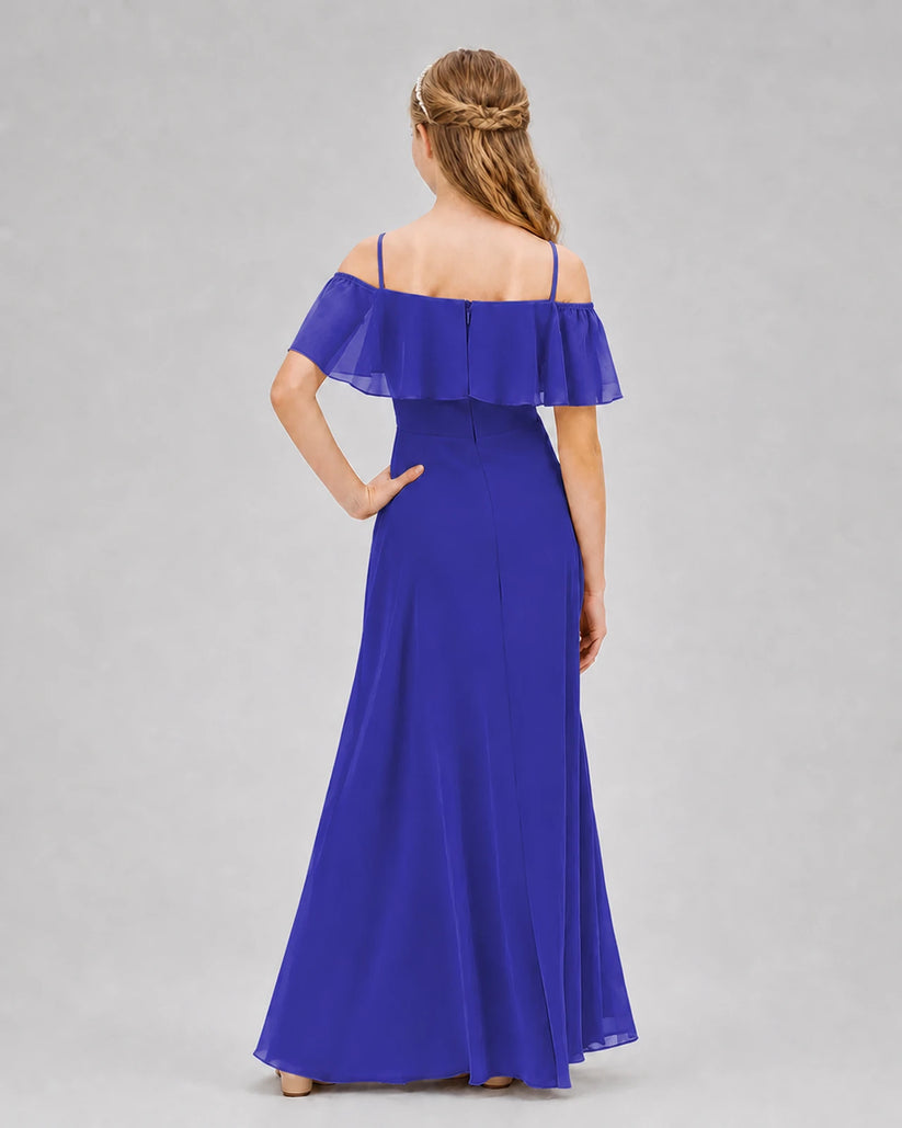Royal Blue Chiffon Off-the-Shoulder Junior Bridesmaid Dresses Back View