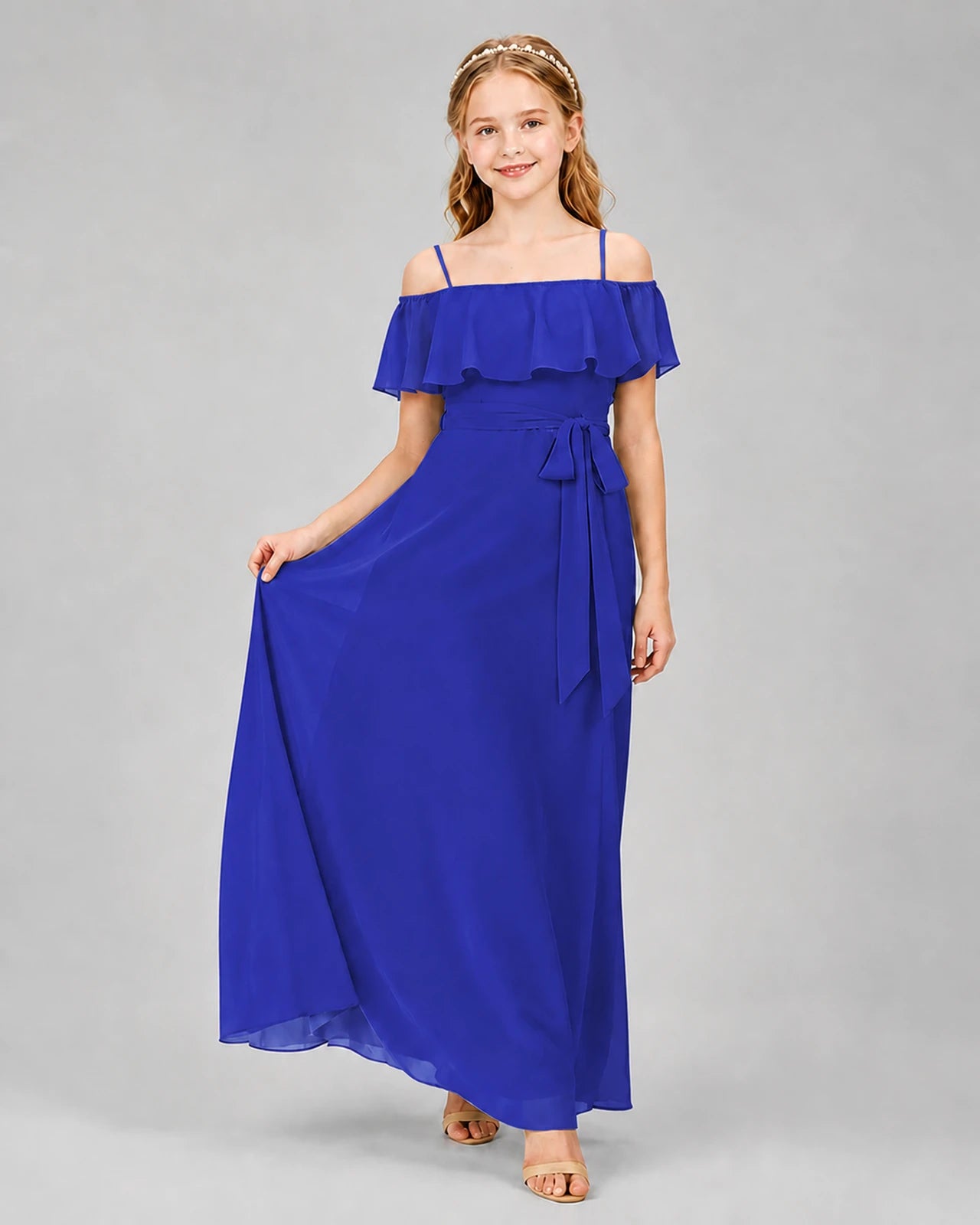 Royal Blue Chiffon Off-the-Shoulder Junior Bridesmaid Dresses Front View