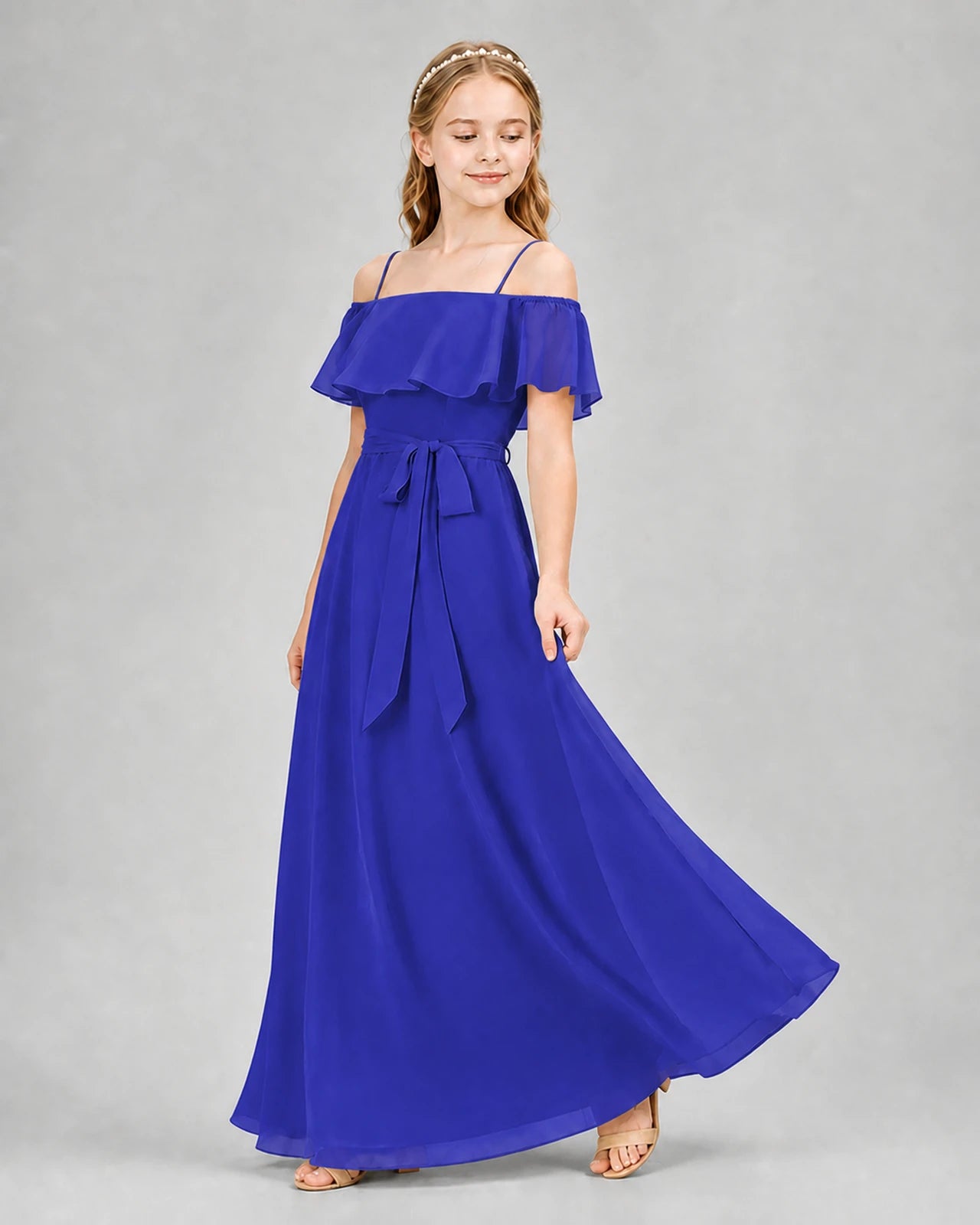 Royal Blue Chiffon Off-the-Shoulder Junior Bridesmaid Dresses