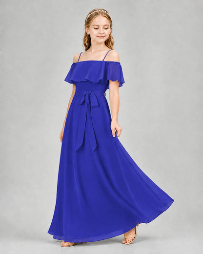 Royal Blue Chiffon Off-the-Shoulder Junior Bridesmaid Dresses