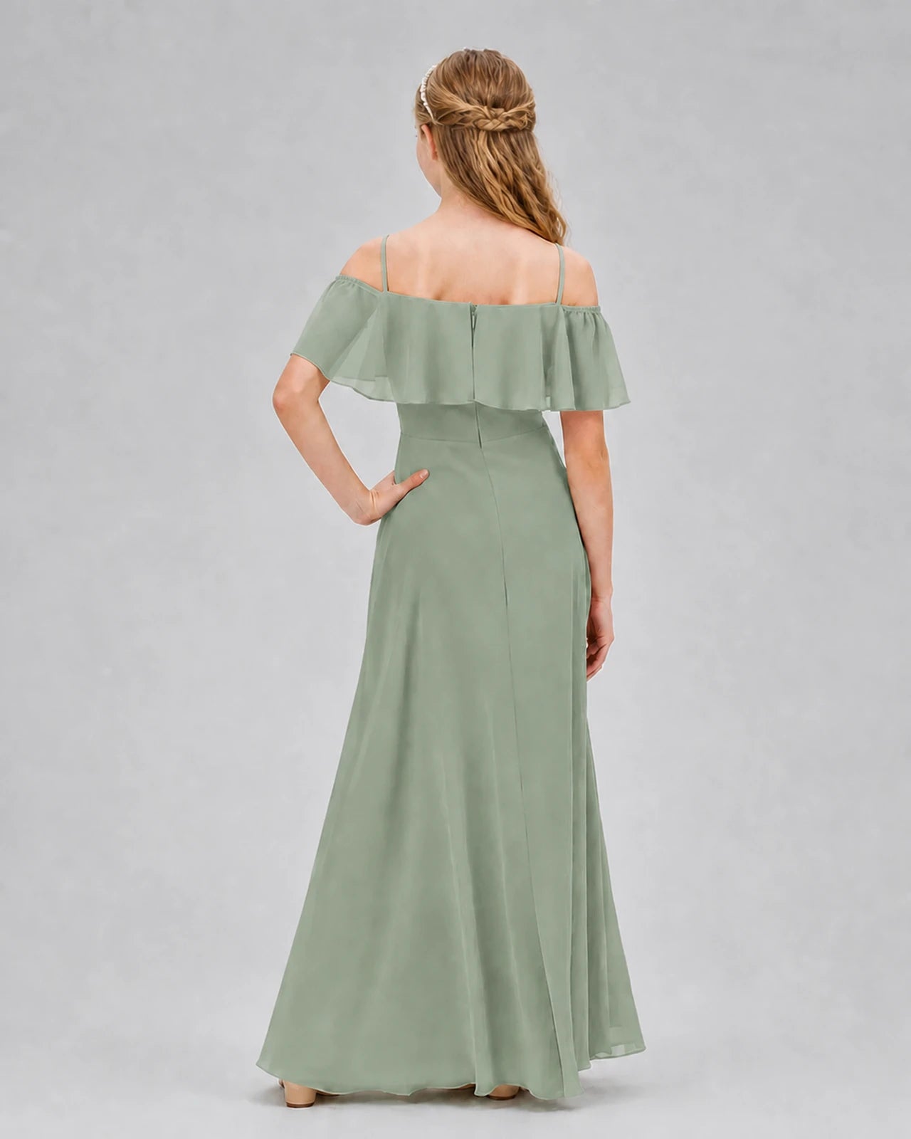 Sage Green Chiffon Off-the-Shoulder Junior Bridesmaid Dresses Back View