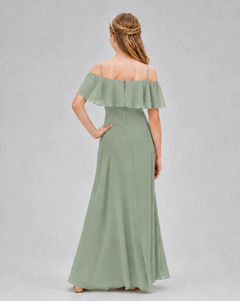 Sage Green Chiffon Off-the-Shoulder Junior Bridesmaid Dresses Back View