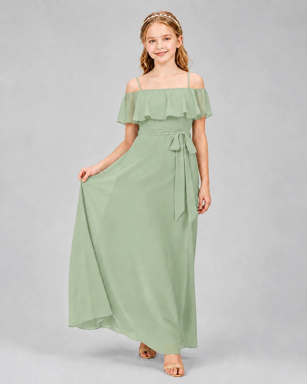Sage Green Chiffon Ruffled Off-The-Shoulder Junior Bridesmaid Dresses Front View