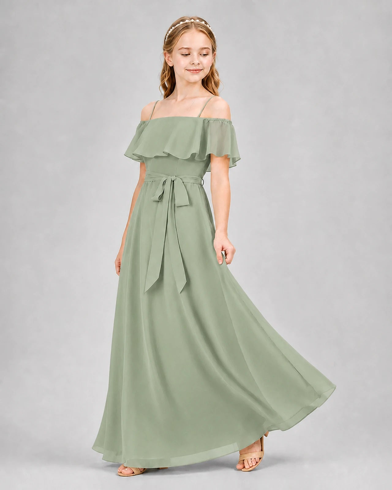 Sage Green Chiffon Off-The-Shoulder Junior Bridesmaid Dresses