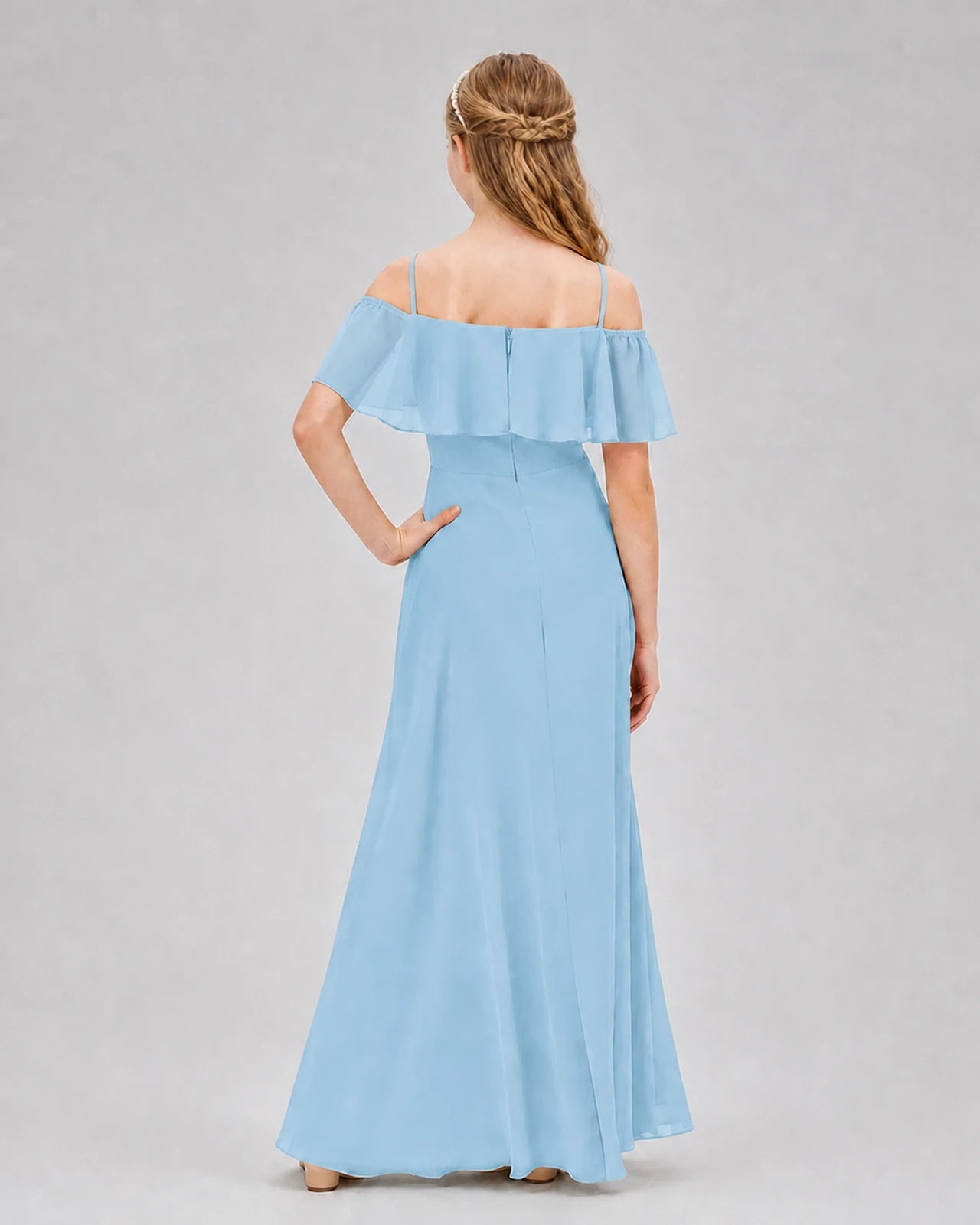 Sky Blue Chiffon Off-The-Shoulder Junior Bridesmaid Dresses Back View