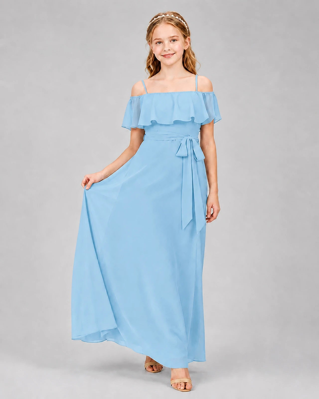 Sky Blue Chiffon Off-the-Shoulder Junior Bridesmaid Dresses Front View