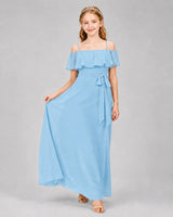 Sky Blue Chiffon Off-the-Shoulder Junior Bridesmaid Dresses Front View