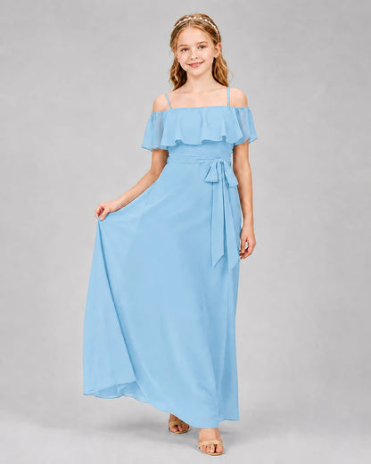 Sky Blue Chiffon Off-the-Shoulder Junior Bridesmaid Dresses Front View