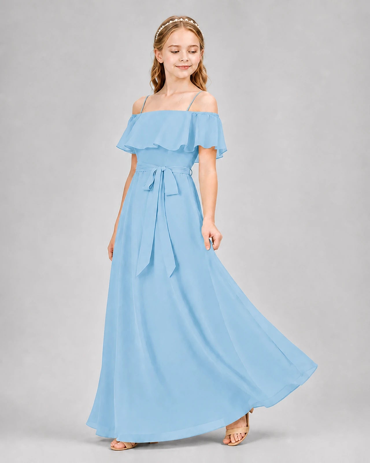 Sky Blue Chiffon Off-the-Shoulder Junior Bridesmaid Dresses