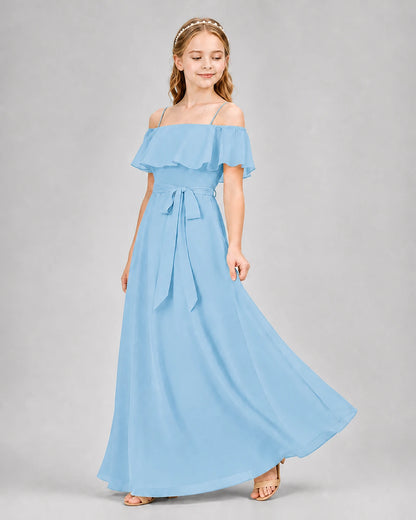 Sky Blue Chiffon Off-the-Shoulder Junior Bridesmaid Dresses