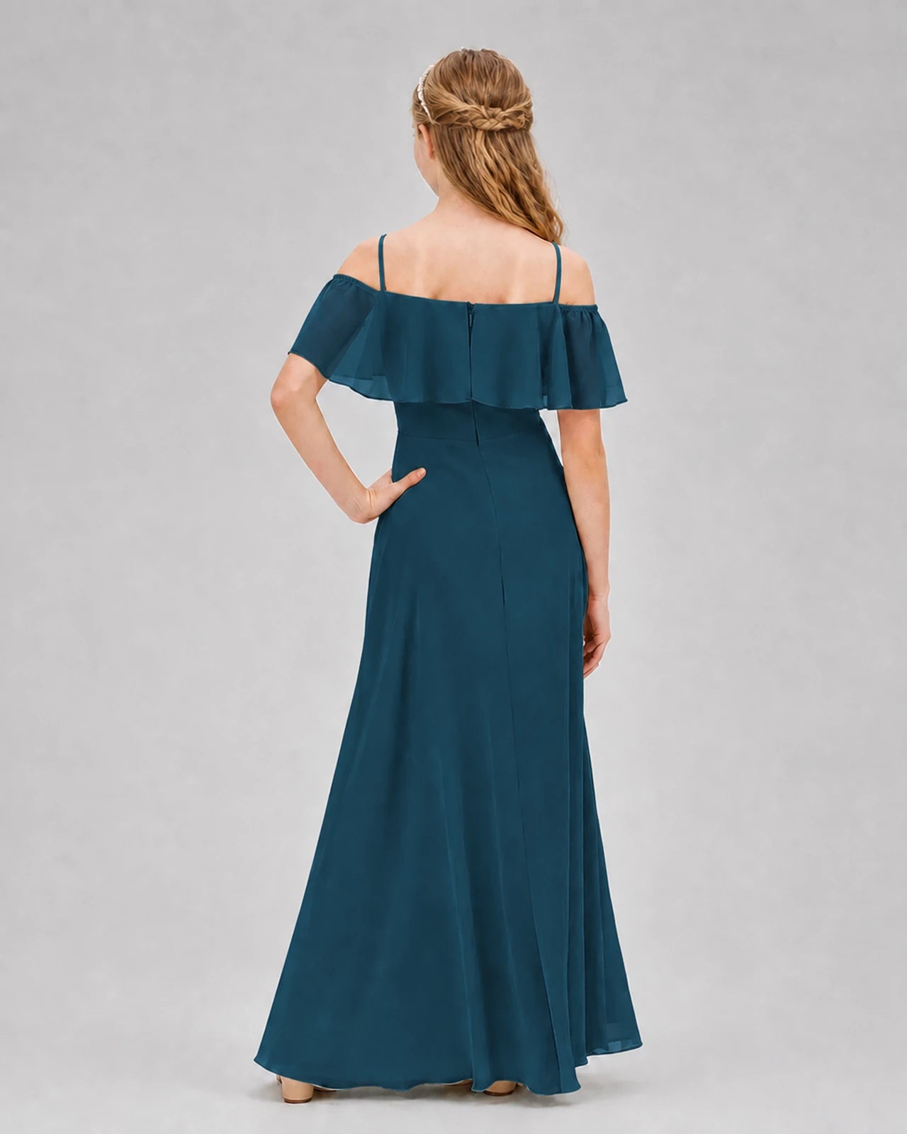Teal Chiffon Ruffle Cold Shoulder Junior Bridesmaid Dresses Back View