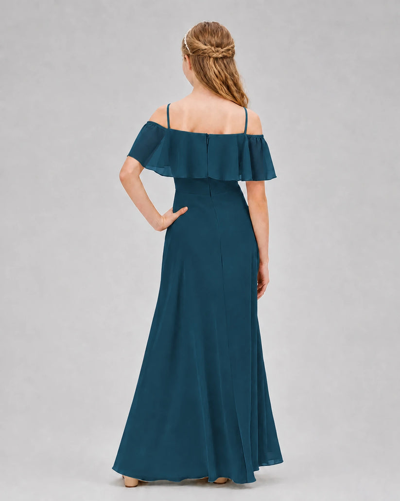 Teal Chiffon Ruffle Cold Shoulder Junior Bridesmaid Dresses Back View