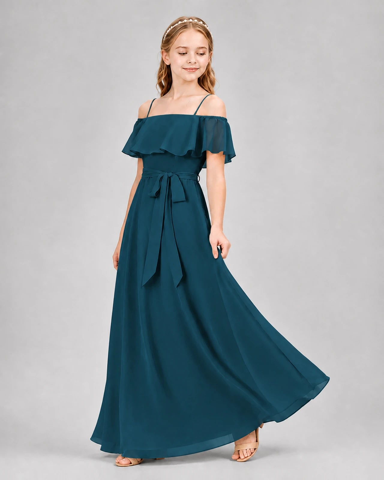 Teal Chiffon Off-the-Shoulder Junior Bridesmaid Dresses