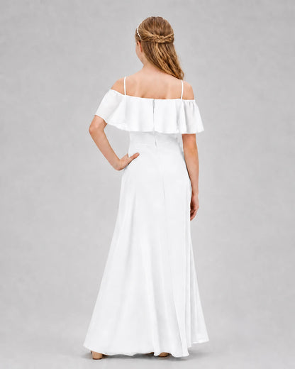 White chiffon off-shoulder junior bridesmaid dress Back View