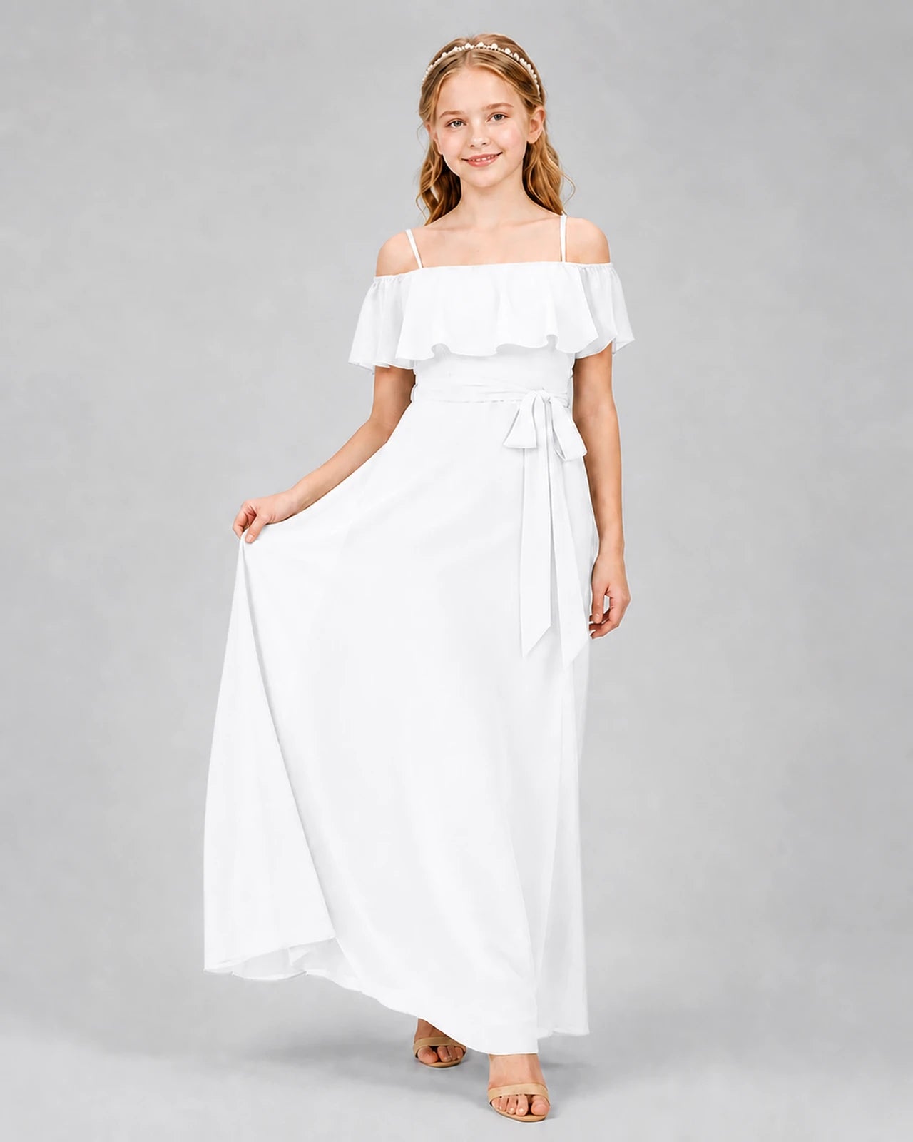 White chiffon off-shoulder junior bridesmaid dresses Front View